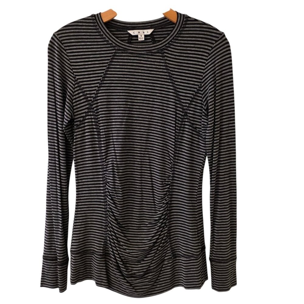 Cabi Top Long Sleeve Tee‎ Womens S Black Gray Striped Round Neck Casual Pullover